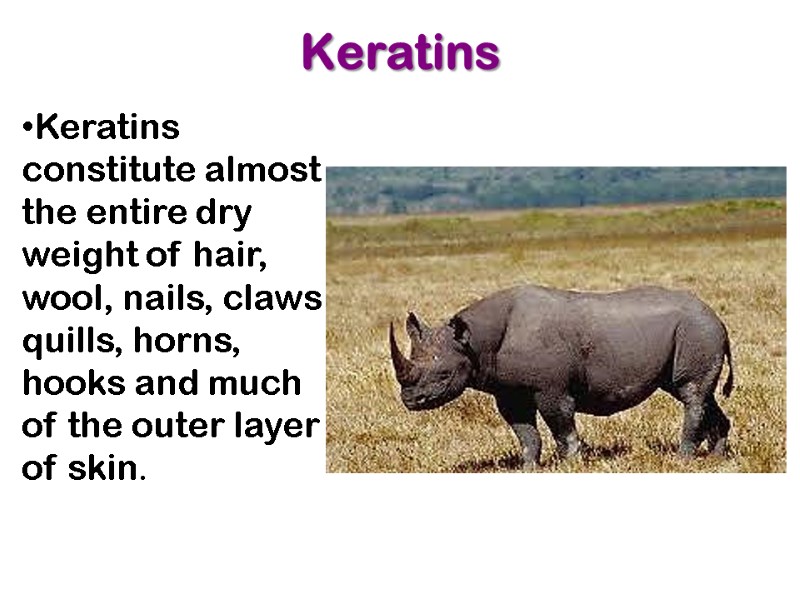 Keratins Keratins constitute almost the entire dry weight of hair, wool, nails, claws quills,